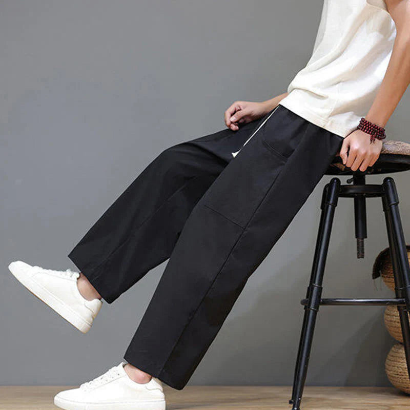 Buddha Stones Summer Solid Color Drawstring Straight Leg 7-8 Length Men's Pants With Pockets