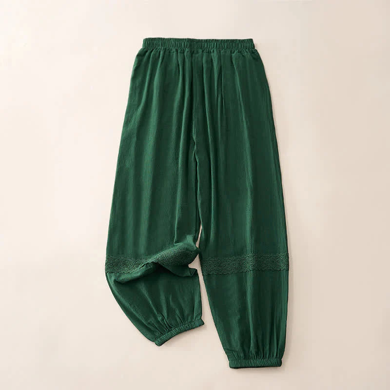 Buddha Stones Summer Retro Lace Patchwork Desgin High Waist Women's Tapered Capri Pants With Pockets