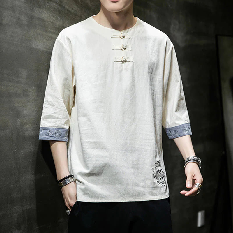 Buddha Stones Summer Embroidery Plain Frog-Button Men's Crew Neck Half Sleeve Cotton Linen Shirt Clothing