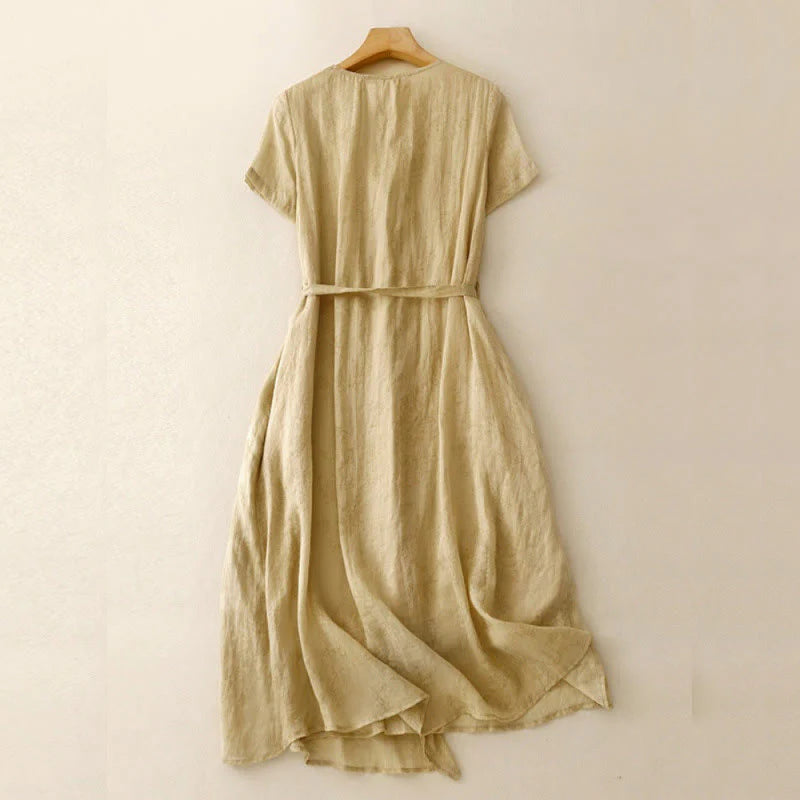 Buddha Stones Summer V-Neck Lace-up Short Sleeve Cotton Linen Women's Midi Dress With Pockets