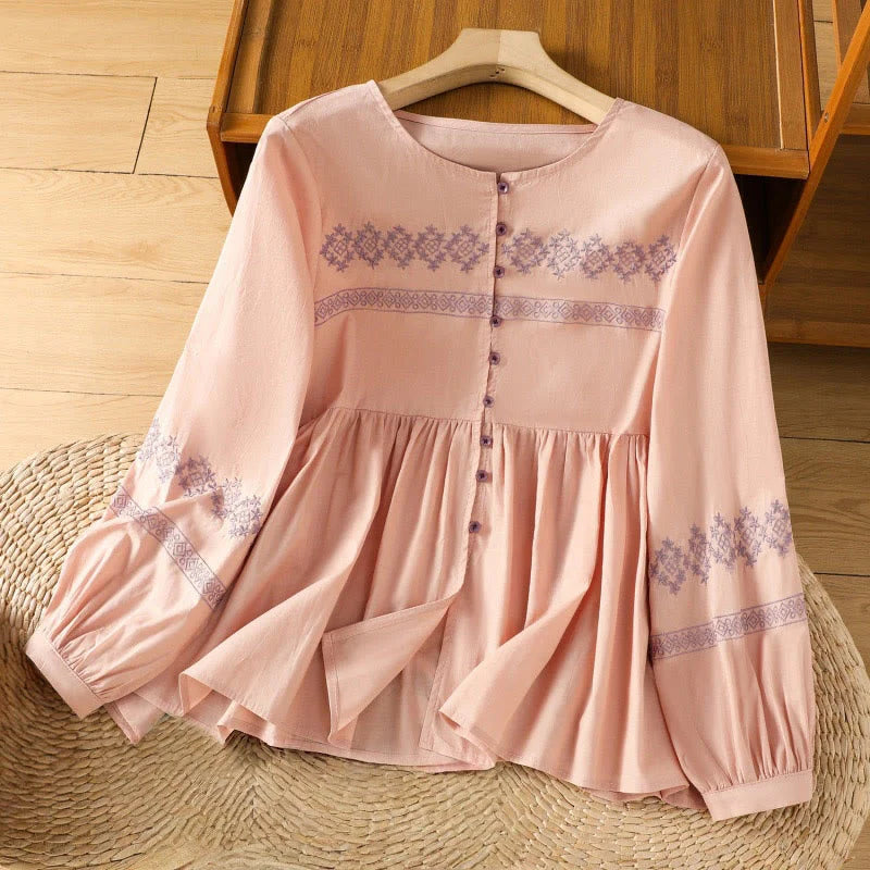 Buddha Stones Embroidery Pleated Buttons Long Lantern Sleeve Women's Cotton Shirt