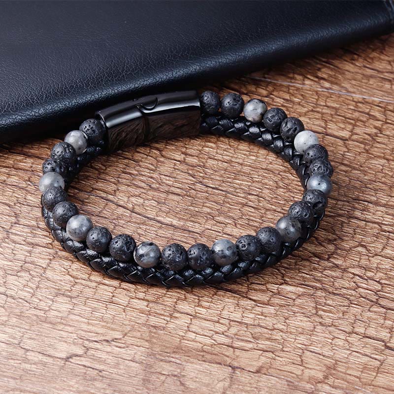 Buddha Stones Lava Rock Titanium Steel Calm Leather Bracelet