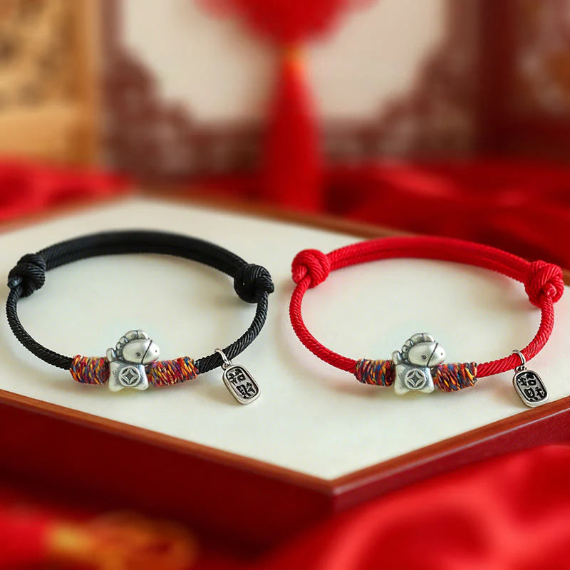 Buddha Stones 999 Sterling Silver Year Of The Horse Fu Character Attract Fortune String Rope Luck Bracelet