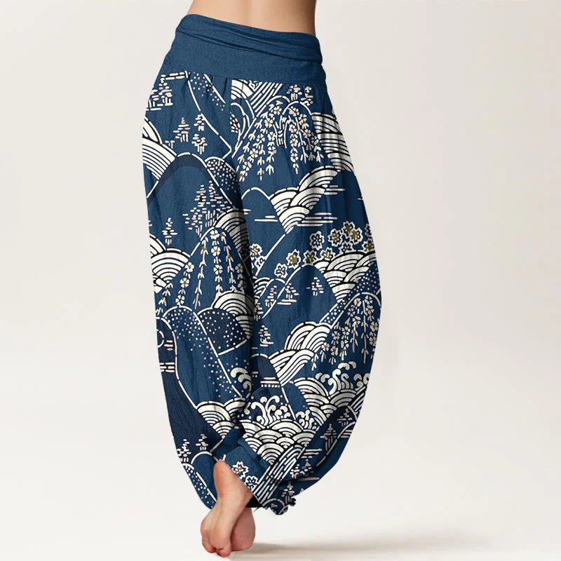 Buddha Stones Printed Mountains Waves Floral Pattern Women's Elastic Waist Harem Pure Cotton Pants