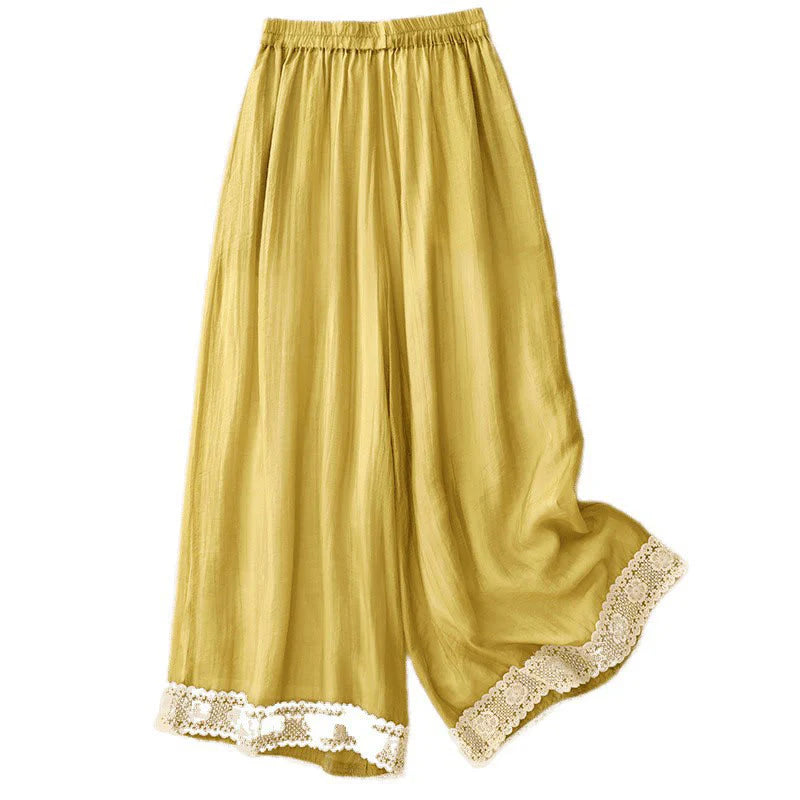 Buddha Stones Spring Vintage Casual Solid Color Lace Patchwork Cuff Women's Cotton Linen Wide Leg Pants With Pockets