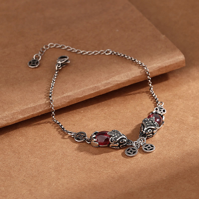 Buddha Stones Garnet Double PiXiu Copper Coin Protection Chain Bracelet (Extra 40% Off | USE CODE: FS40)