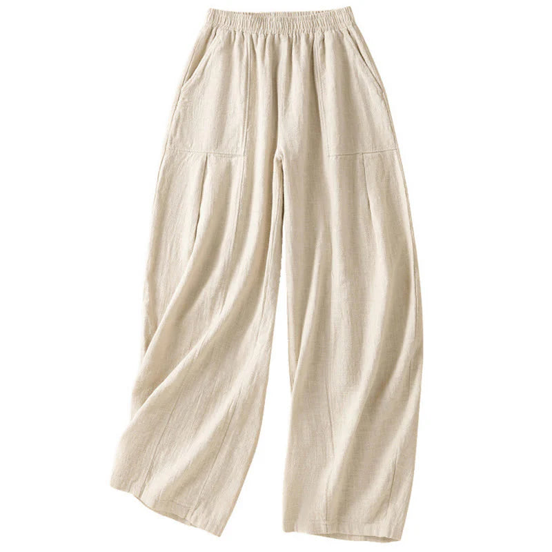 Buddha Stones Plain Simple Design High Waist Women's Cotton Linen Harem Pants With Pockets
