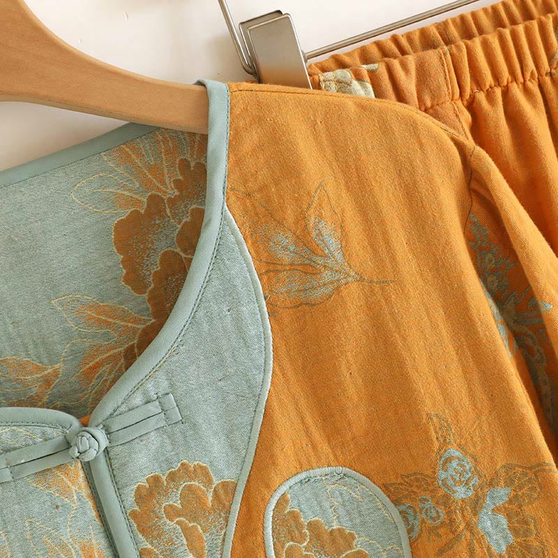 Buddha Stones 2pcs Frog-Button Printed Long Sleeve Cardigan Shirt Pants With Pockets Cotton Set