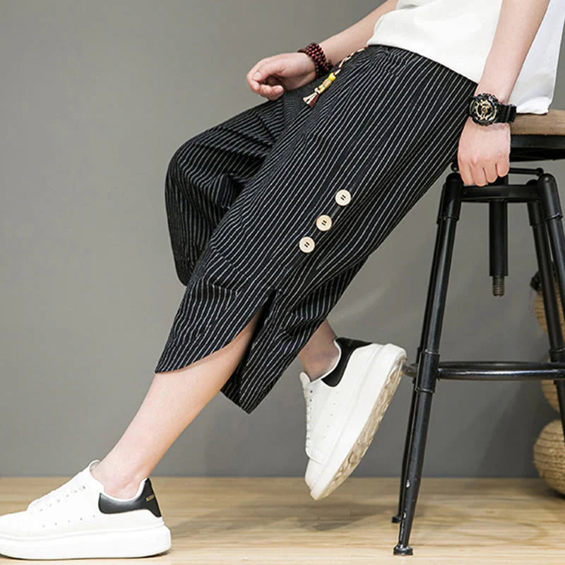 Buddha Stones Casual White Stripes Pattern Drawstring Button Design Men's Cotton Cropped Harem Pants With Pockets