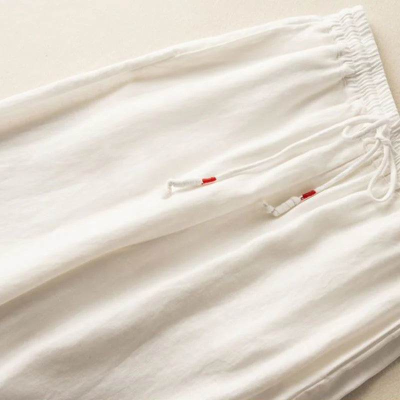 Buddha Stones Casual Embroidery Bohemian Pattern Drawstring Cotton Linen Women's Wide Leg Pants With Pockets