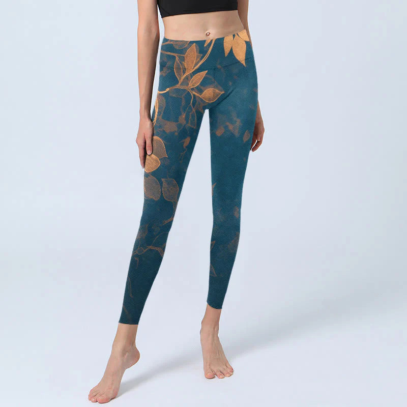 Buddha Stones Elegant Leaf Pattern Print Gym Leggings Women's Yoga Pants
