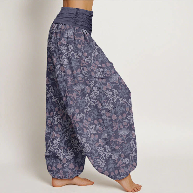 Buddha Stones Cotton Casual Flower Vine Leaves Pattern Women's Elastic Waist Harem Pants