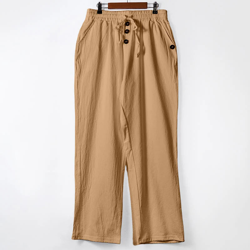 Buddha Stones Solid Color Buttons Drawstring Men's Cotton Pants With Pockets