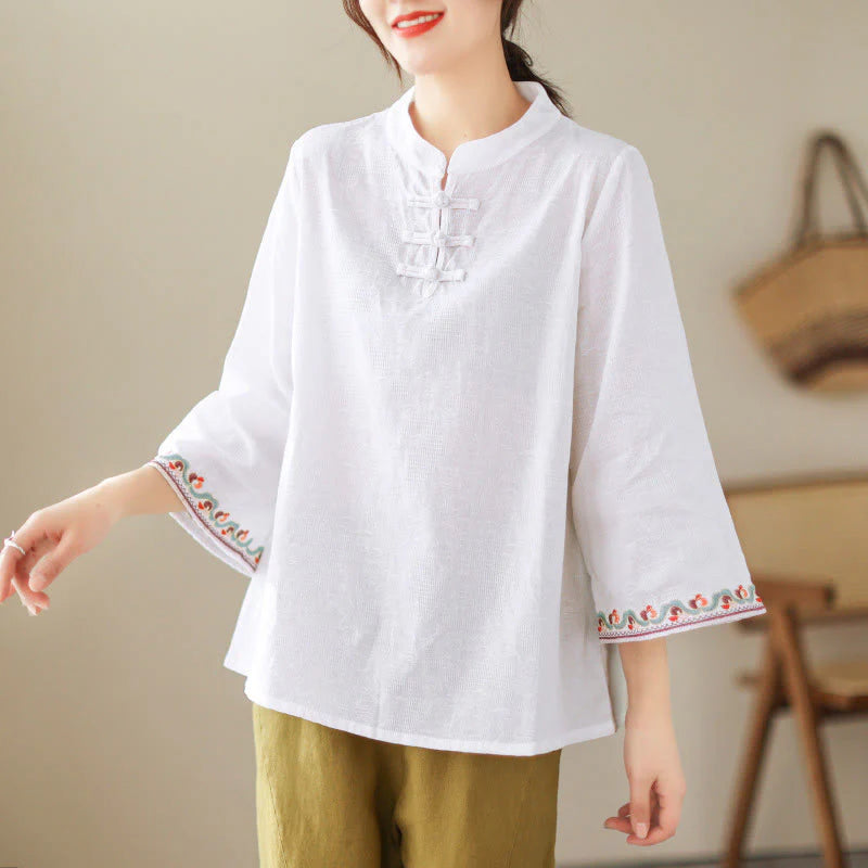 Buddha Stones Jacquard Frog-button Stand Collar Embroidered Three Quarter Sleeve Design Women's Cotton Shirt