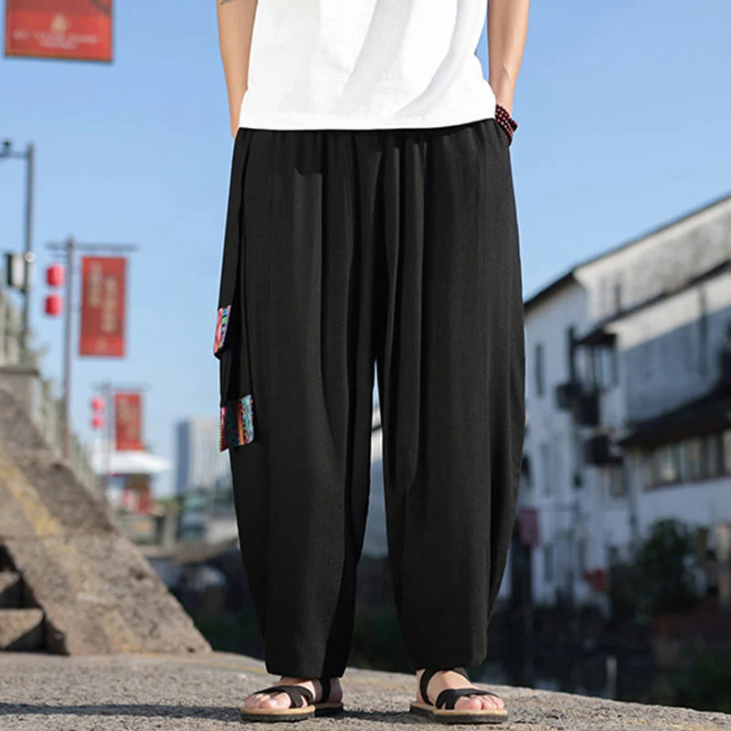 Buddha Stones Simple Patchwork Design Drawstring Soft Cotton Men's Wide Leg Pants With Pockets