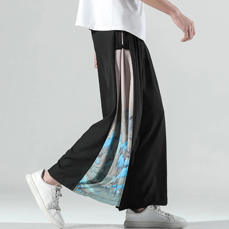 Buddha Stones Mountains Rivers Pattern Men's Wide Leg Pants With Pockets