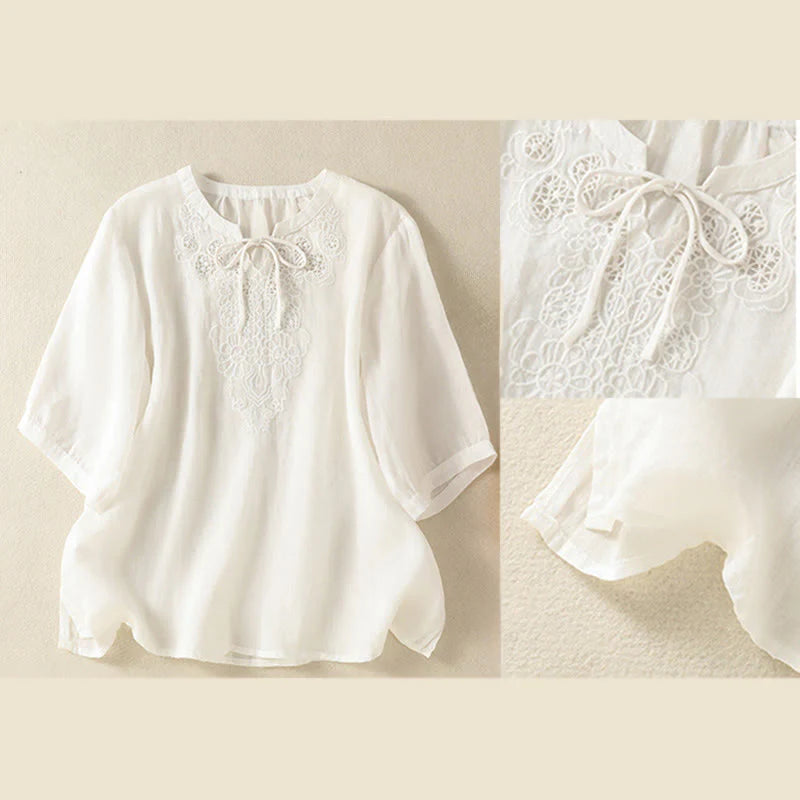 Buddha Stones Summer Embroidery Flower Lace-up Design Notched Collar Women's Short Sleeve Shirt