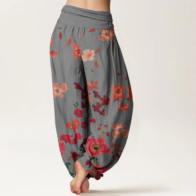Buddha Stones Cotton Red Flowers Common Poppy Design Women's Elastic Waist Harem Pants