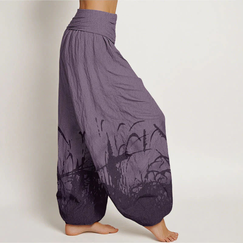 Buddha Stones Cotton Wild Grass Pattern Women's Elastic Waist Harem Pants