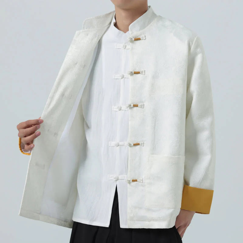 Buddha Stones Jacquard Frog-Button Long Sleeve Men's Cotton Jacket Tang Suit With Pockets