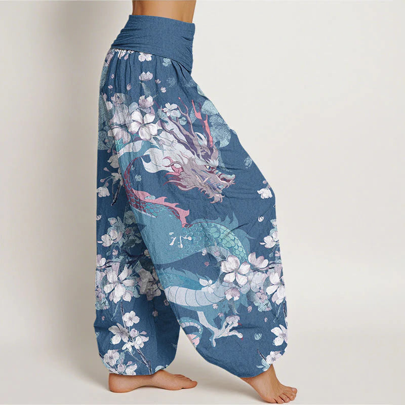 Buddha Stones Cotton Casual Dragon Cherry Blossoms Women's Elastic Waist Harem Pants