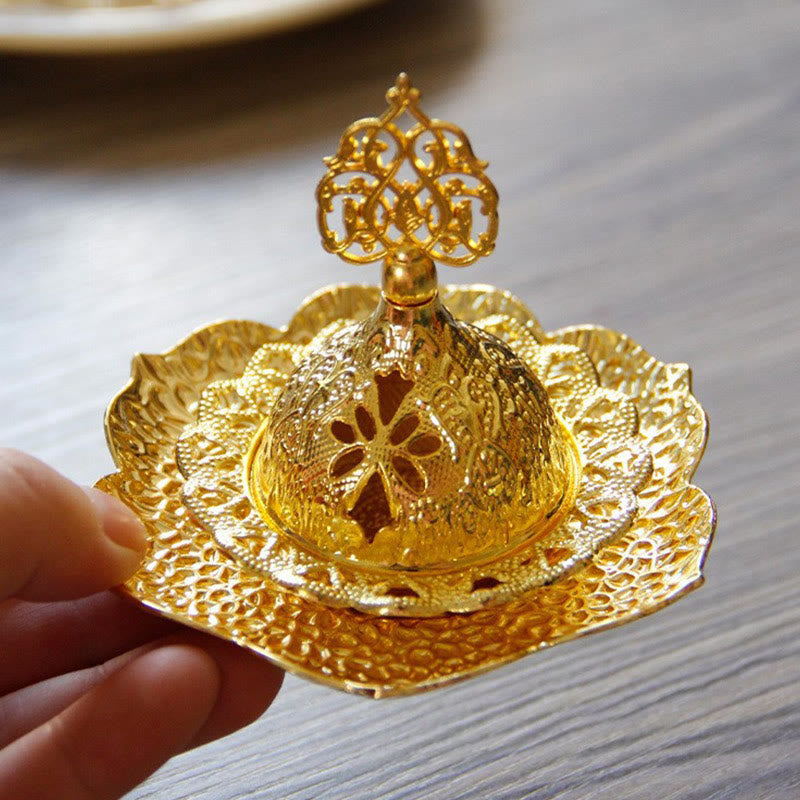 Buddha Stones Gold Leaf Coaster Spiritual Mini Alloy Metal Incense Burner