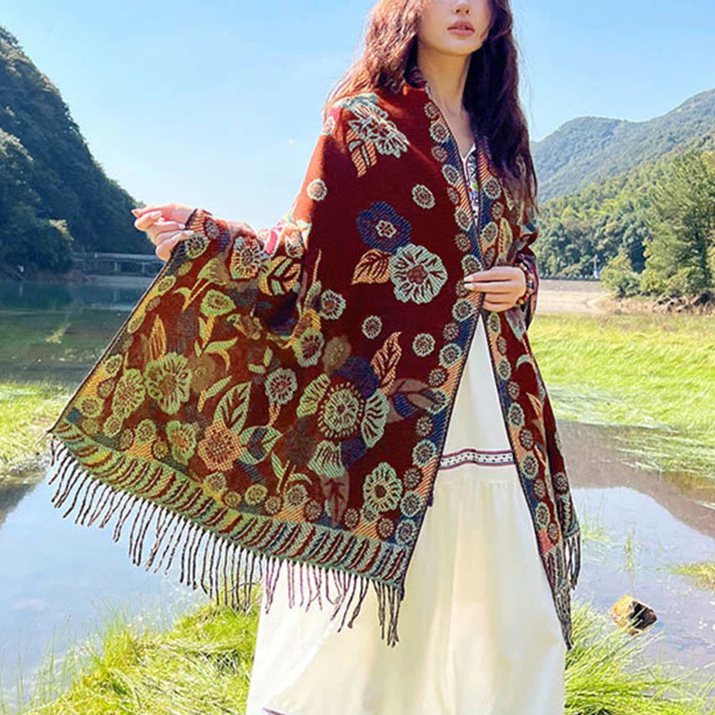 Buddha Stones Jacquard Ethnic Paisley Plants Pattern Tassel Soft Thermal Scarf Shawl