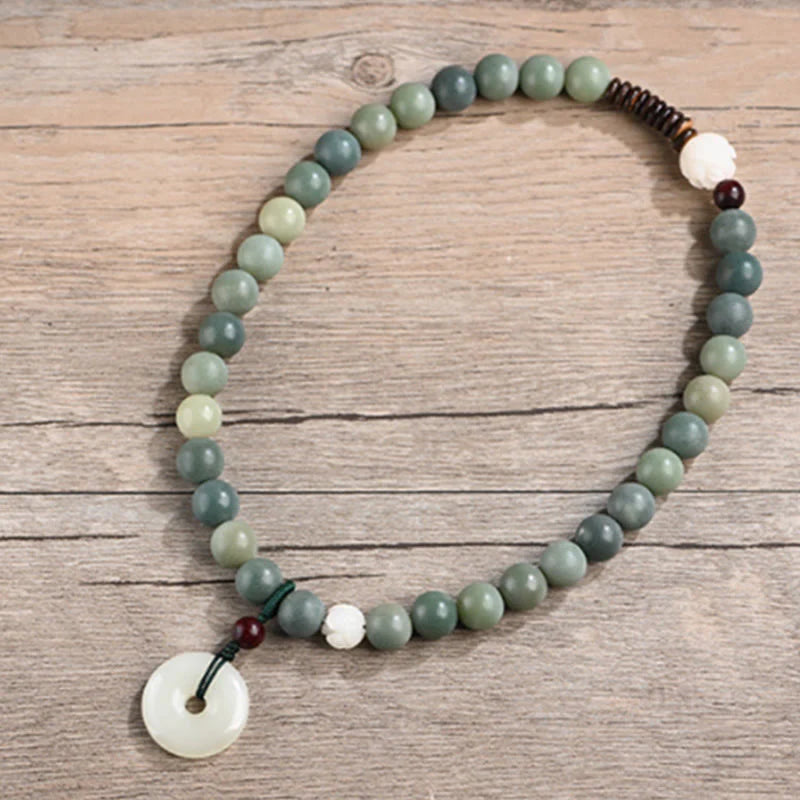 Buddha Stones Cyan Bodhi Seed Lotus Jade Peace Buckle Wisdom Double Wrap Bracelet