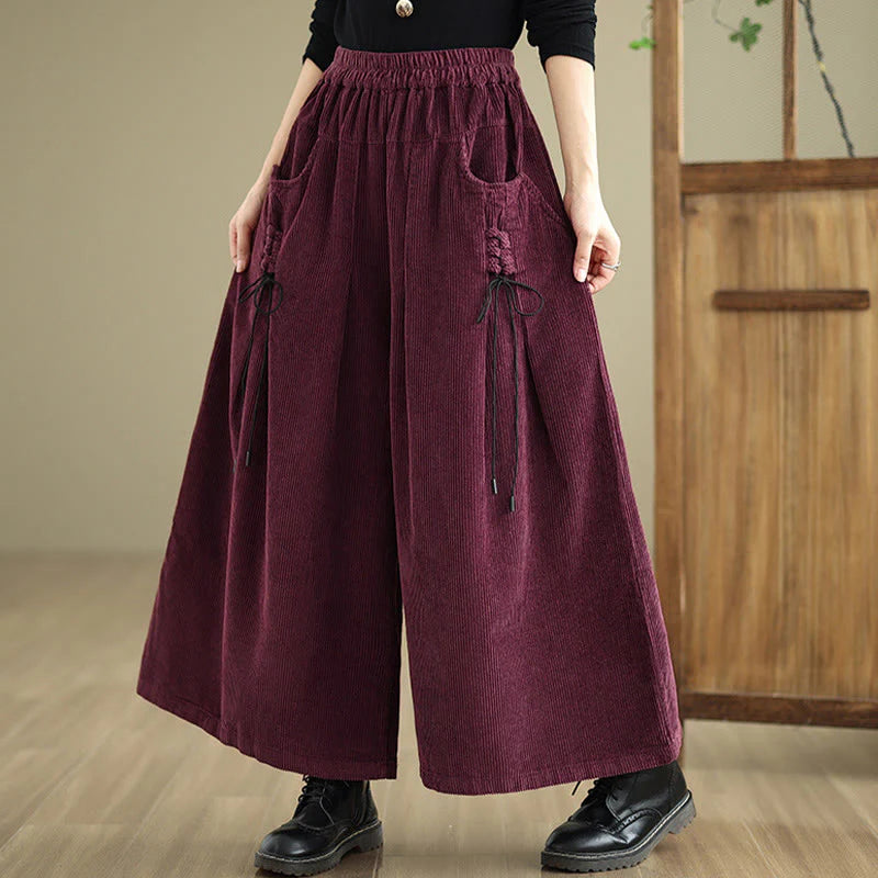 Buddha Stones Women's Pure Color Drawstring Design Wide Leg Corduroy Pants With Pockets