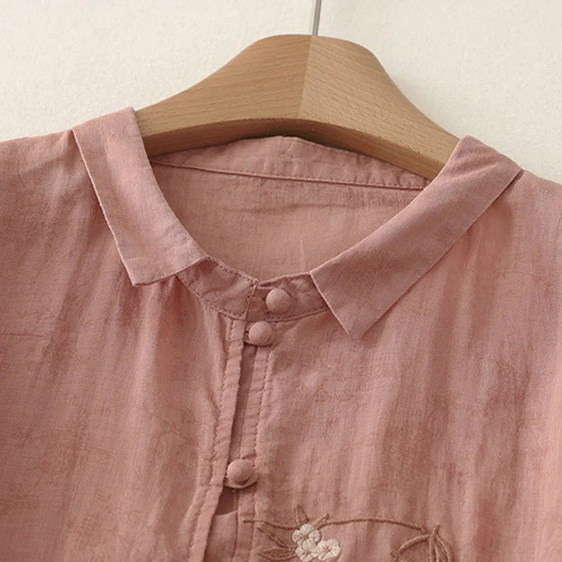 Buddha Stones Stand Collar Embroidery Button Design Three Quarter Sleeve Summer Women's Shirt