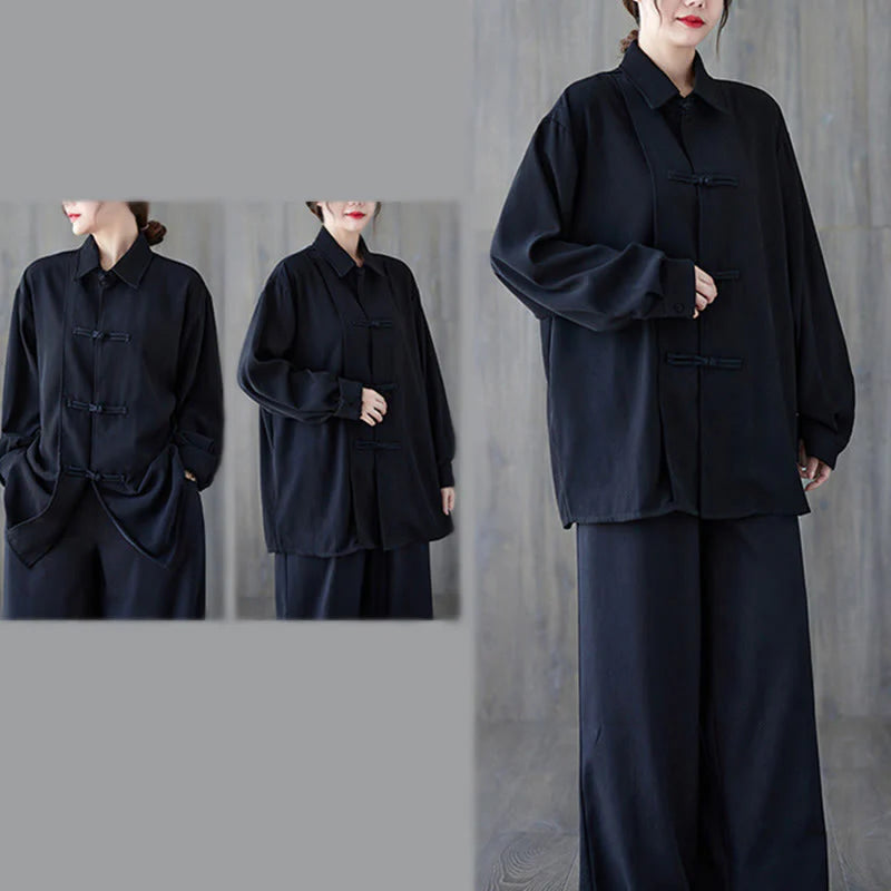 Buddha Stones Black Plain Frog-Button Lapel Women's Cotton Long Sleeve Shirt