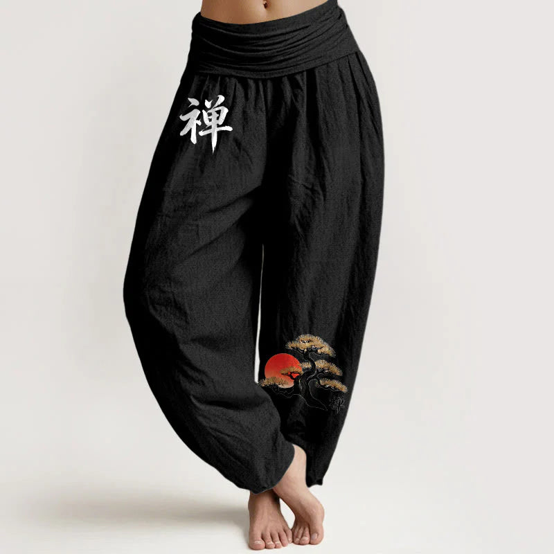 Buddha Stones Pure Cotton Simple Style Sun Pine Chinese Character Pattern Women's Elastic Waist Harem Pants