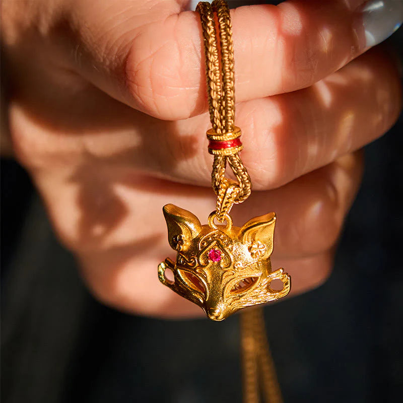 Buddha Stones 24k Gold Plated Brass Fox Charm Texture Rope Necklace Pendant
