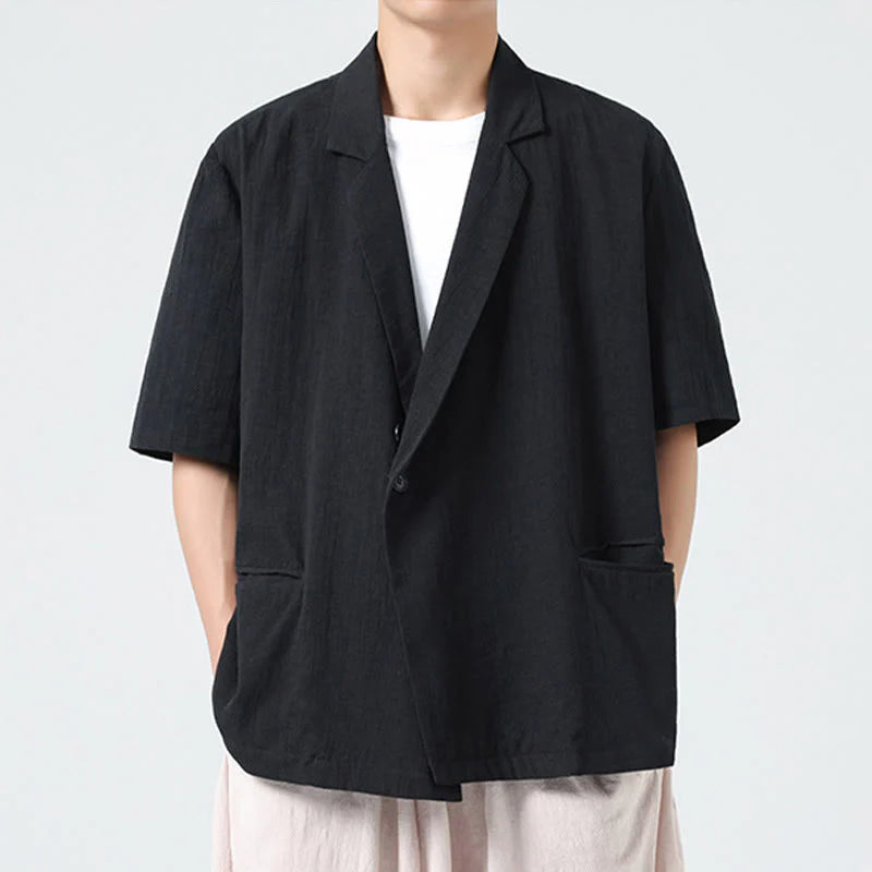 Buddha Stones Spring Plain Asymmetrical Lapel Collar Short Sleeve Men's Cotton Linen Shirt With Pockets