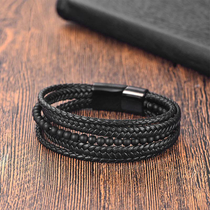 Buddha Stones Matte Frosting Black Onyx Leather Fortune Multilayered Braided Bracelet