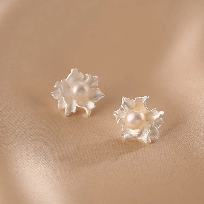 Buddha Stones Natural Pearl Copper Flower Healing Stud Earrings