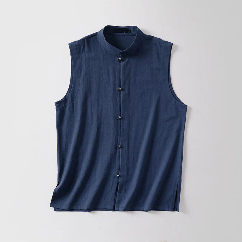 Buddha Stones Summer Solid Color Stand Collar Men's Cotton Linen Sleeveless Vest
