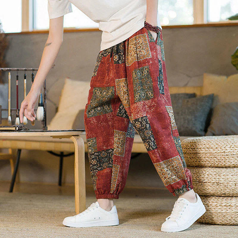 Buddha Stones Summer Square Patchwork Cotton Linen Men's Ankle-Length Harem Pants With Pockets