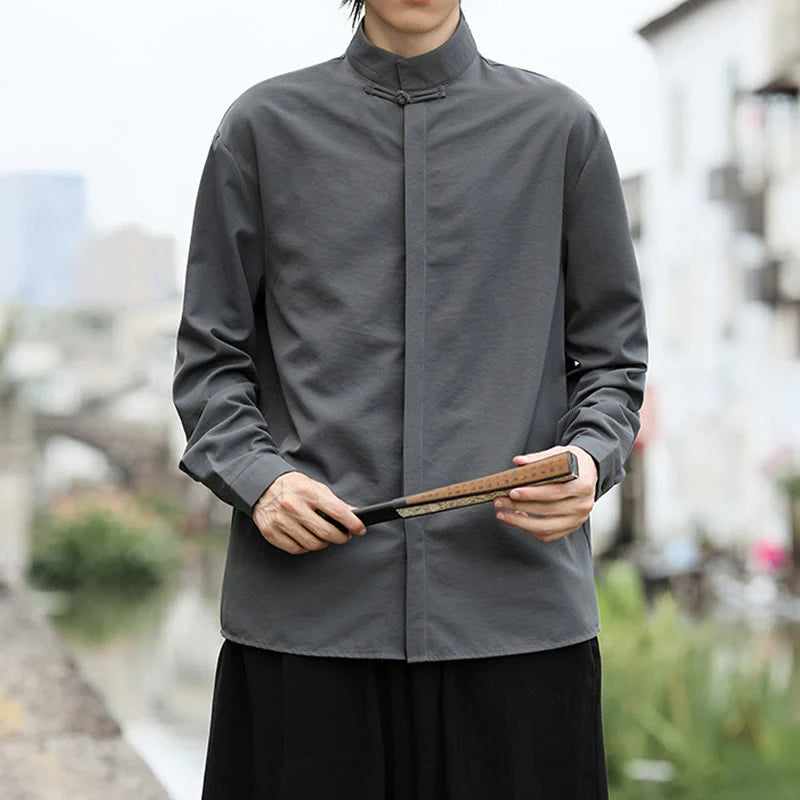 Buddha Stones Solid Color One Frog-Button Long Sleeve Cotton Men's Shirt