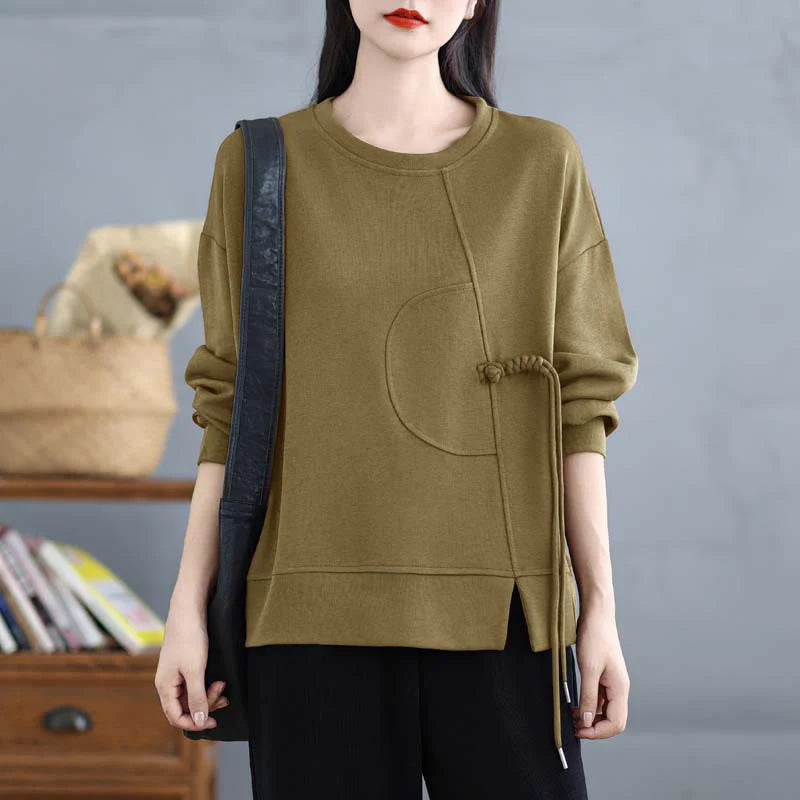 Buddha Stones Plain Frog-button Design Crew Neck Cotton Women's Long Sleeve Sweatshirt