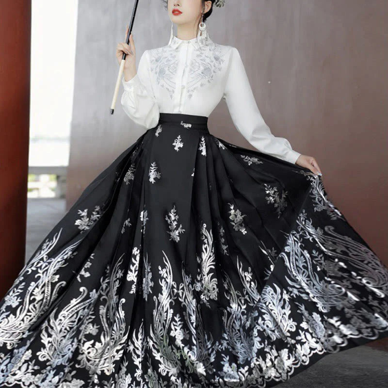 Buddha Stones Flowers Leaves Feathers Long Sleeve Shirt Top Chinese Hanfu Ming Dynasty Horse Face Skirt Mamianqun Skirt (Extra 30% Off | USE CODE: FS30)