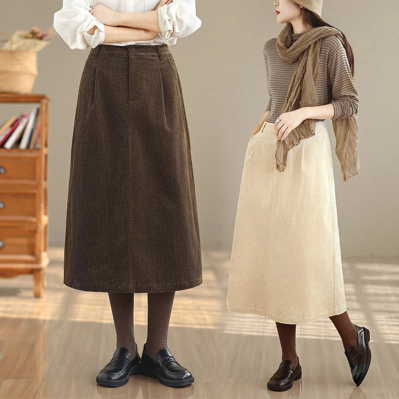Buddha Stones Pure Color Elastic Waist Women's 7-8 Length Corduroy Skirt With Pockets