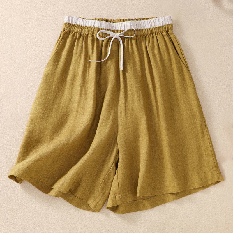 Buddha Stones Solid Color Contrast Color Waist Lace-up Cotton Linen Women's Shorts With Pockets