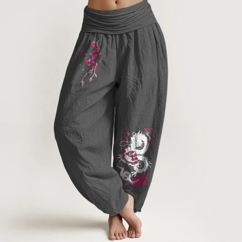 Buddha Stones Dragon Cherry Blossoms Pattern Women's Elastic Waist Harem Cotton Pants