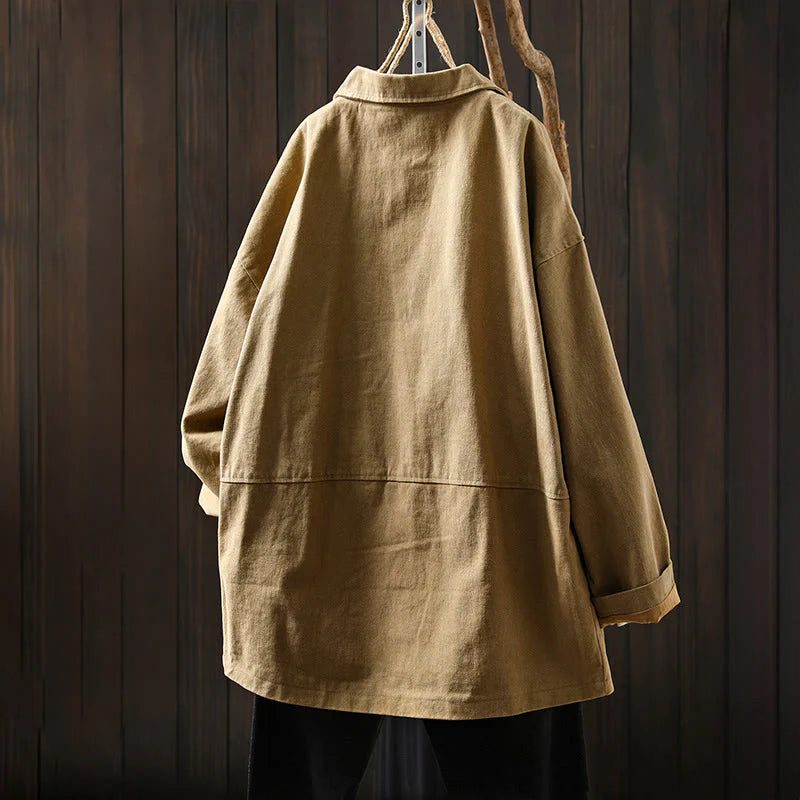 Buddha Stones Spring Fall Buttons Lapel Collar Long Sleeve Mid-length Cotton Women's Jacket With Pockets