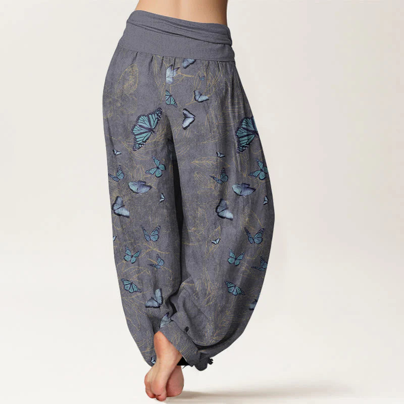 Buddha Stones Cotton Dreamlike Butterfly Leaf Pattern Women's Elastic Waist Harem Pants