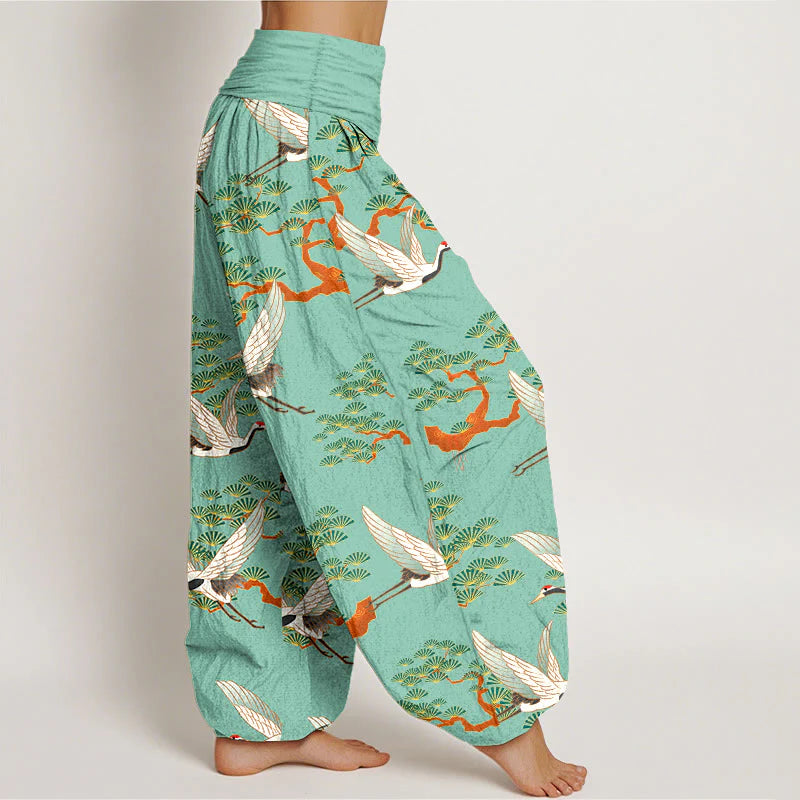Buddha Stones Print Pine Tree Crane Pattern Pure Cotton Women's Elastic Waist Harem Pants