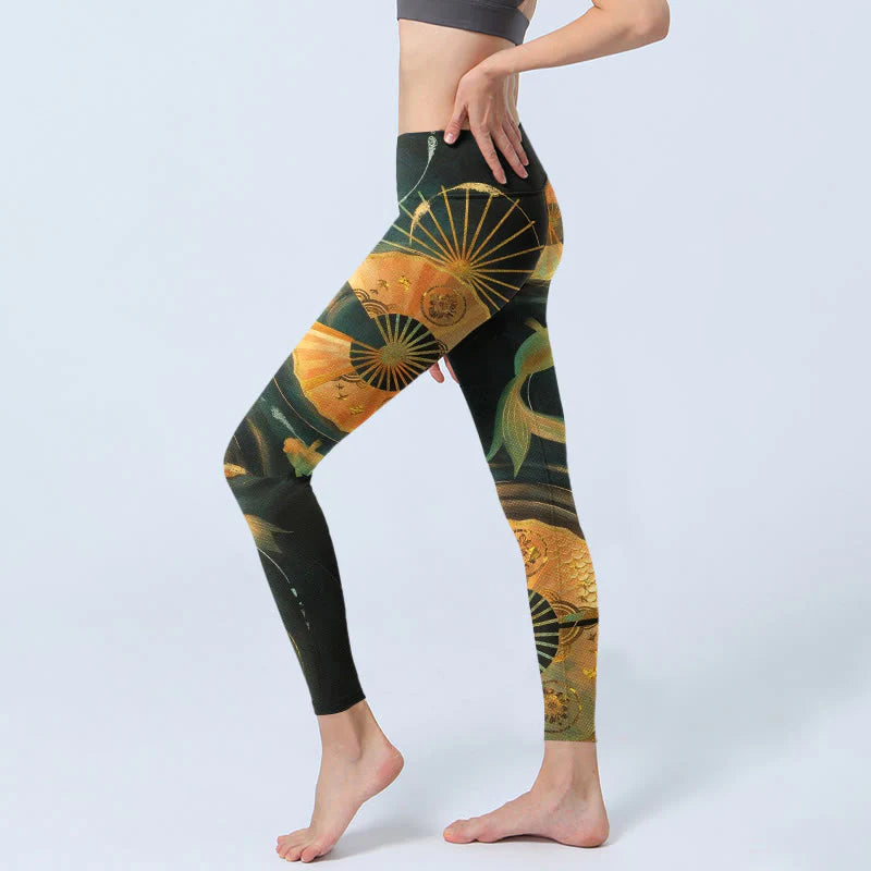 Buddha Stones Gorgeous Folding Fan Koi Fish Print Gym Leggings Women's Yoga Pants