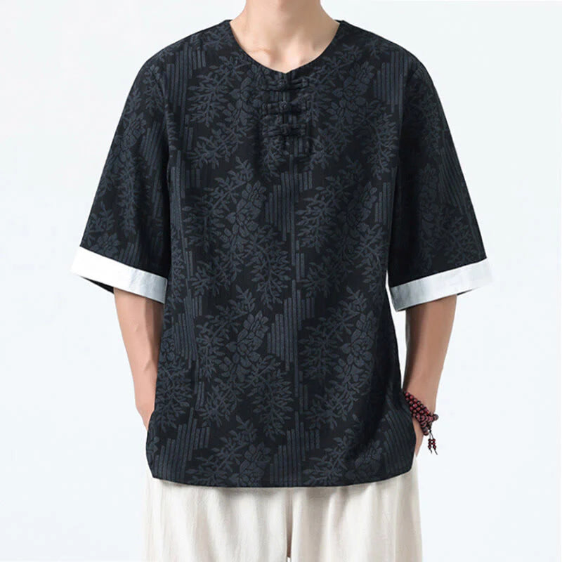 Buddha Stones Summer Flowers Grass Pattern Tang Suit Men's Frog-Button Half Sleeve Cotton Shirt