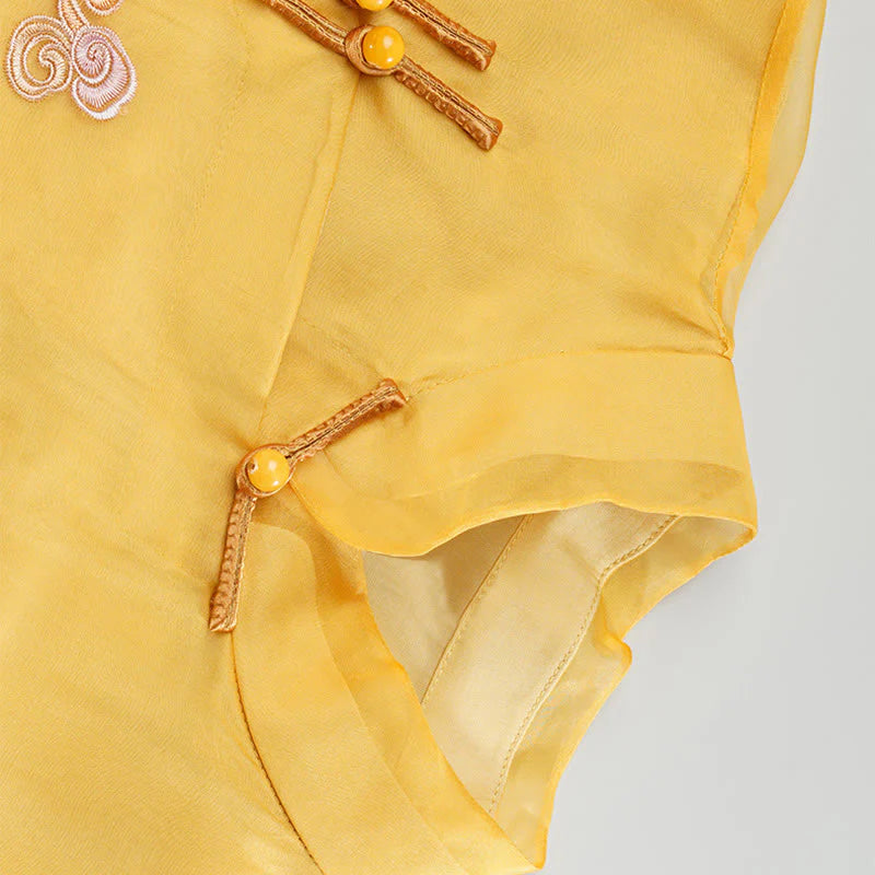 Buddha Stones 100% Mulberry Silk Organza Dress Embroidered Yellow Phoenix Qipao Cheongsam Dress  (Extra 30% Off | USE CODE: FS30)